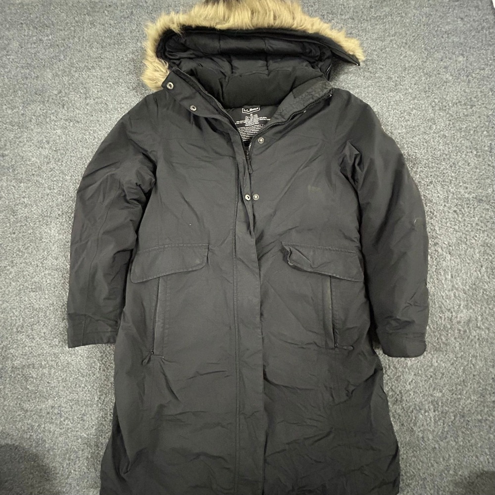 L.L. Bean Parka Womens Size M Black Goose Down Faux Fur Hood Long Winter Coat